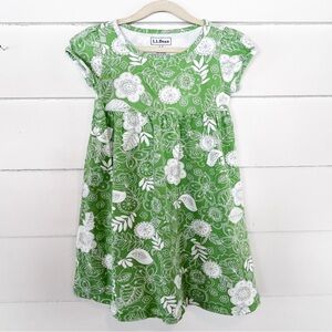 LL Bean Retro Floral Print Cotton Play Dress Girls 5-6 Green White